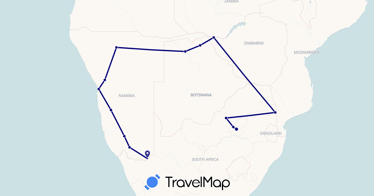 TravelMap itinerary: driving in Botswana, Namibia, South Africa, Zimbabwe (Africa)